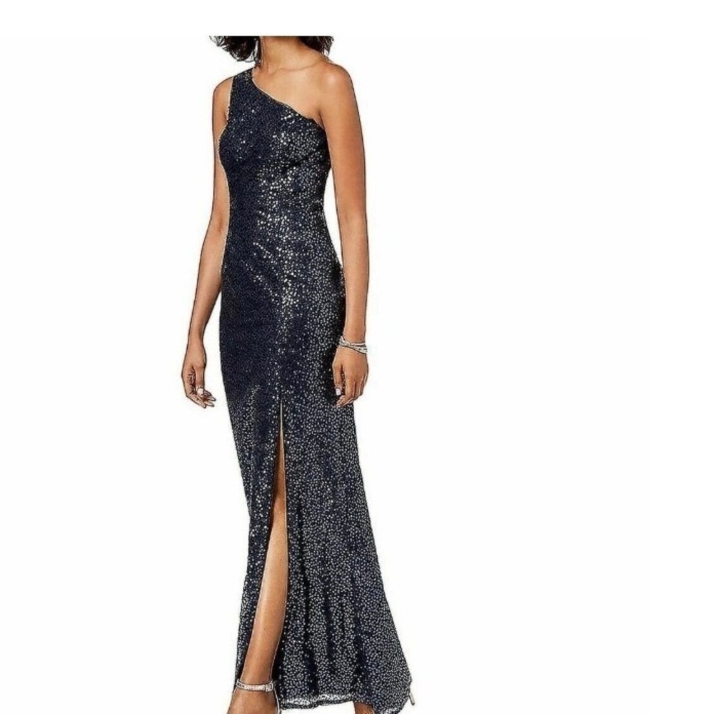 Glam Black Sequin One Shoulder Formal Maxi Gown Adrianna Papell Dress SZ 4